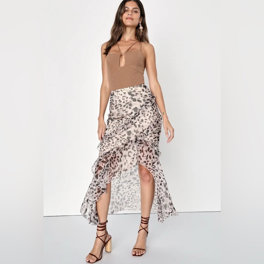 Lulu's Animal Print Ruffle Midi Skirt